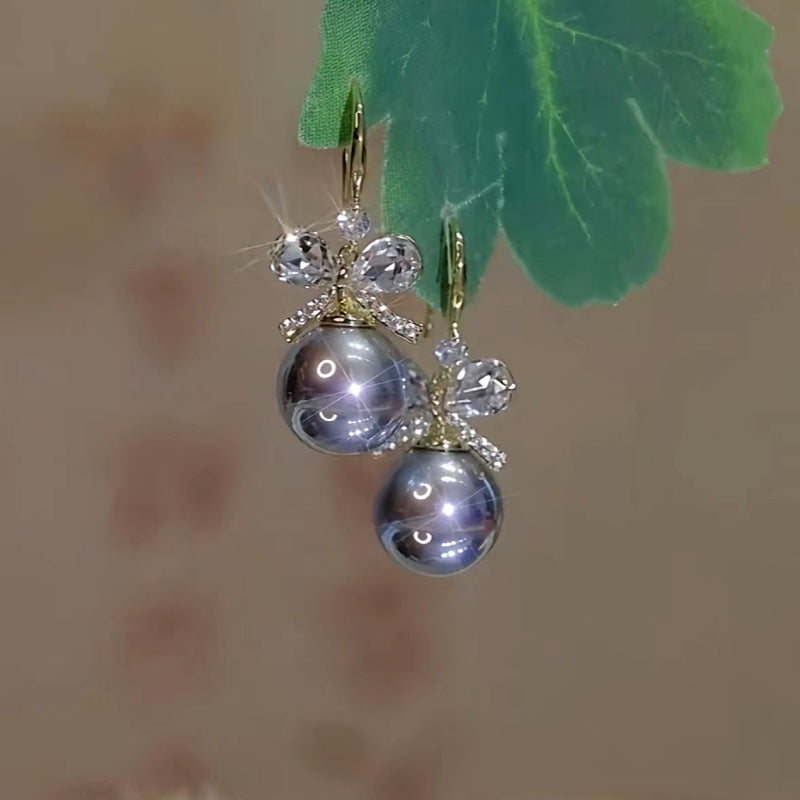 14K Gold-Plated Gray Pearl Bow Earrings