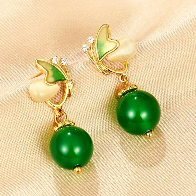 14K Gold-Plated Green Agate diamond Butterfly Earrings