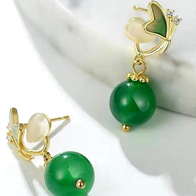 14K Gold-Plated Green Agate diamond Butterfly Earrings