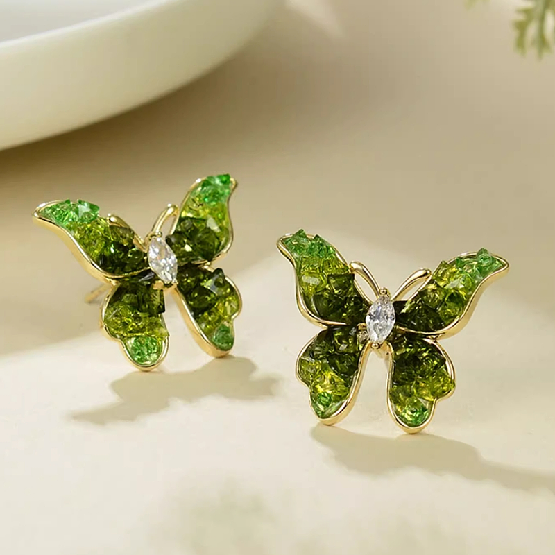 14K Gold-Plated Green Crystal Butterfly Stud Earrings