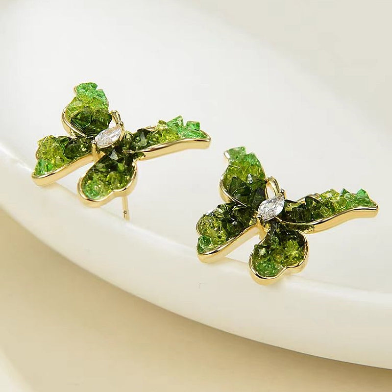 14K Gold-Plated Green Crystal Butterfly Stud Earrings