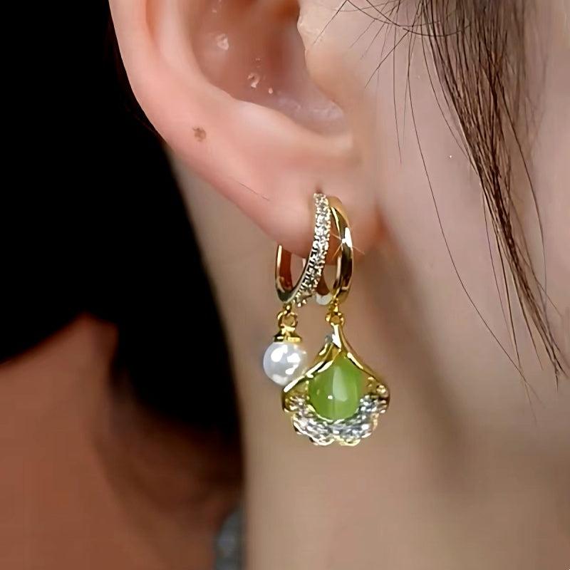14K Gold-Plated Green Crystal Ginkgo Leaf Earrings