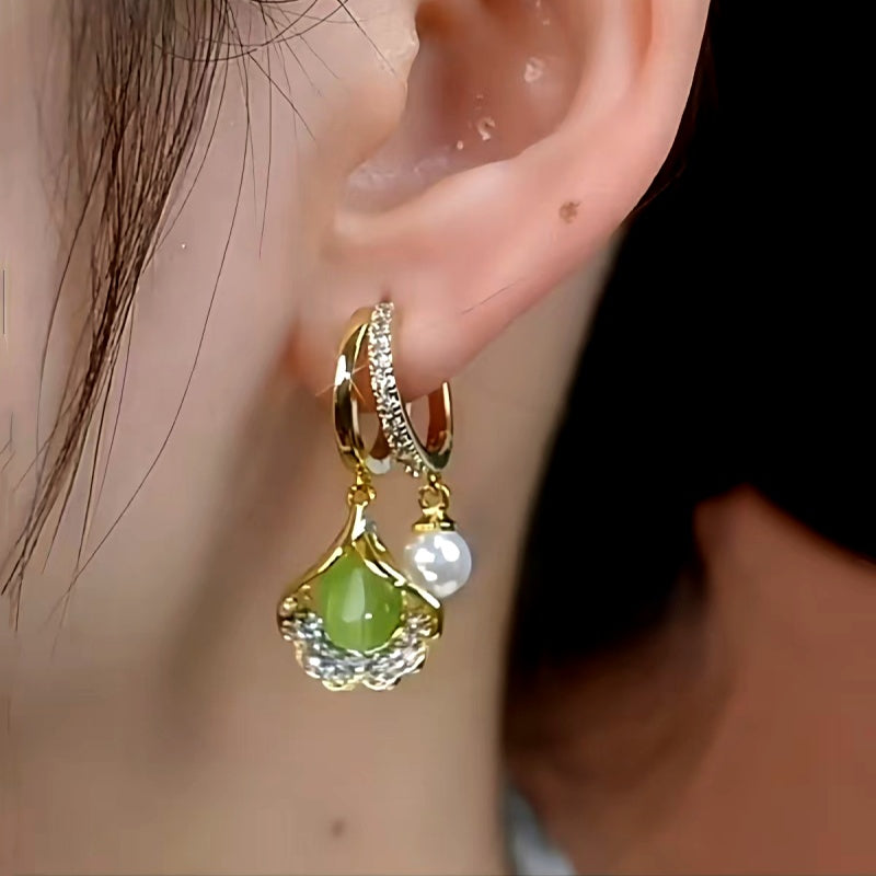 14K Gold-Plated Green Crystal Ginkgo Leaf Earrings