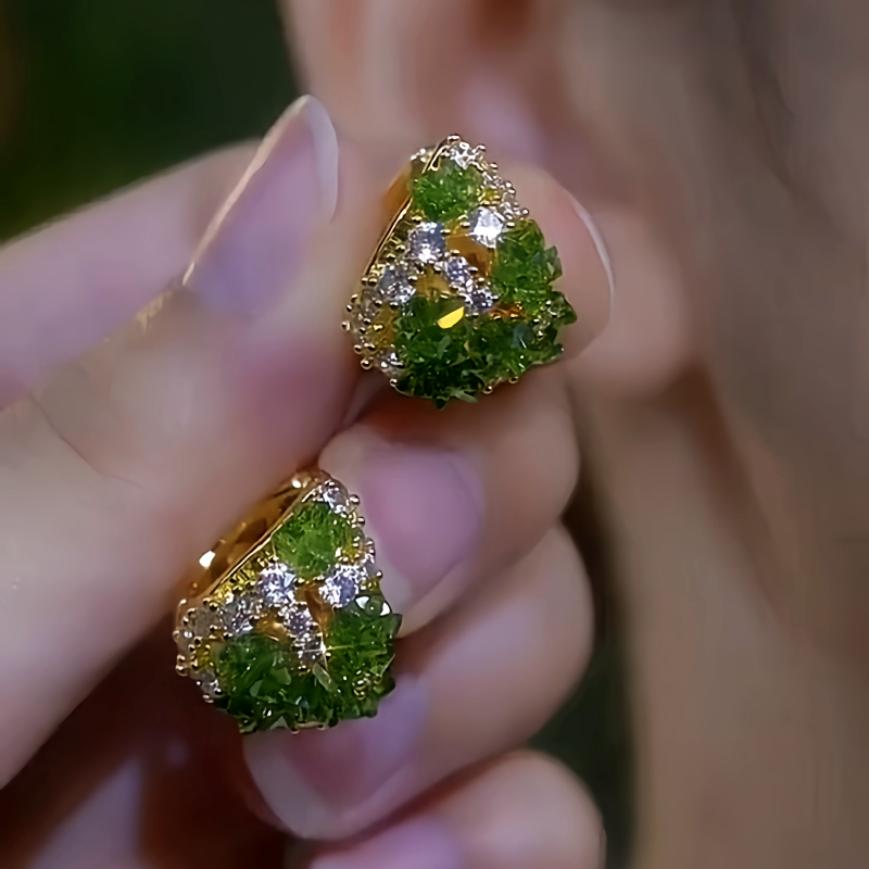 14K Gold-Plated Green Crystals Diamond Earrings
