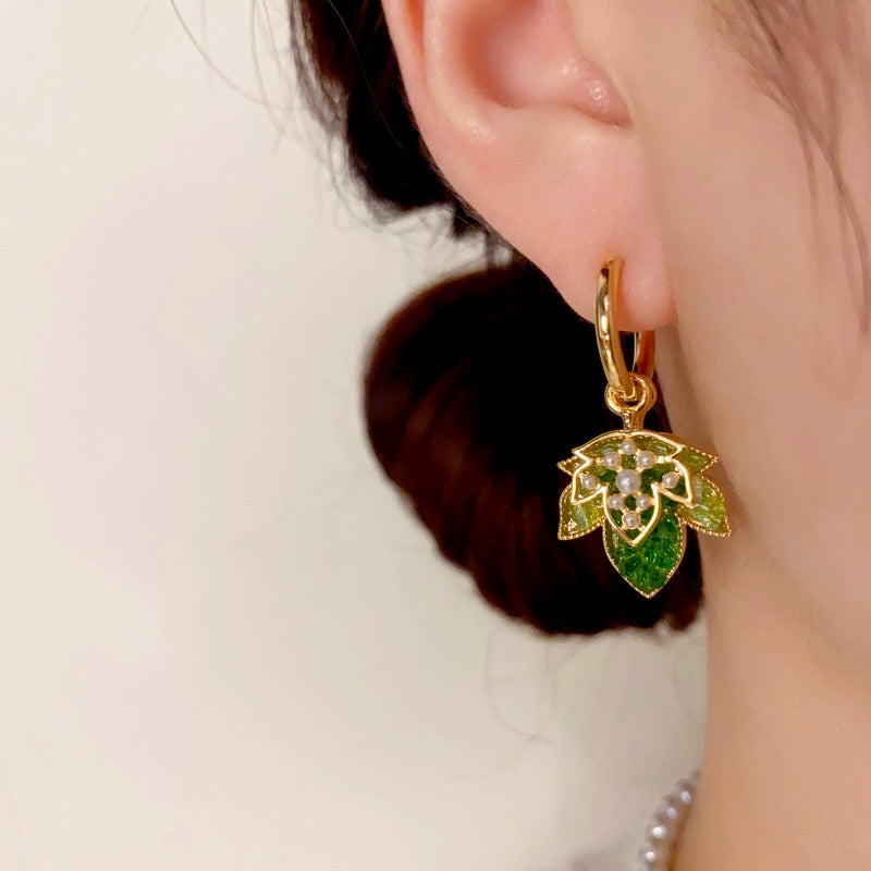 14K Gold-Plated Green Double-Layer Maple Leaf Earrings