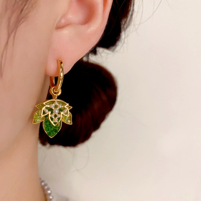 14K Gold-Plated Green Double-Layer Maple Leaf Earrings