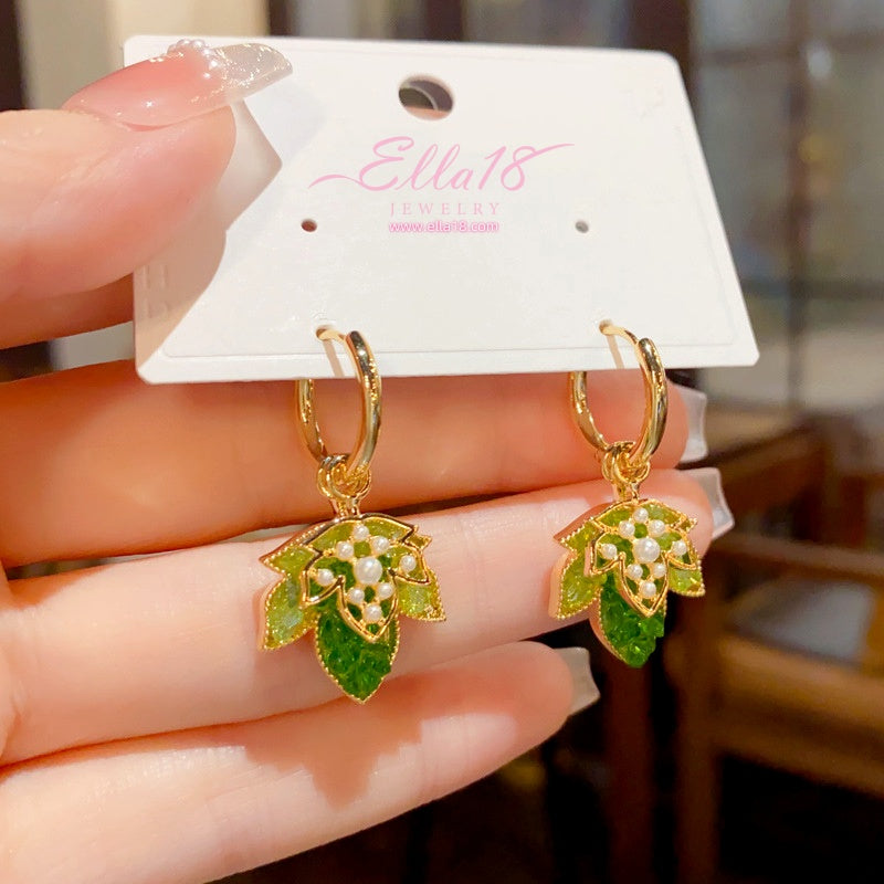 14K Gold-Plated Green Double-Layer Maple Leaf Earrings