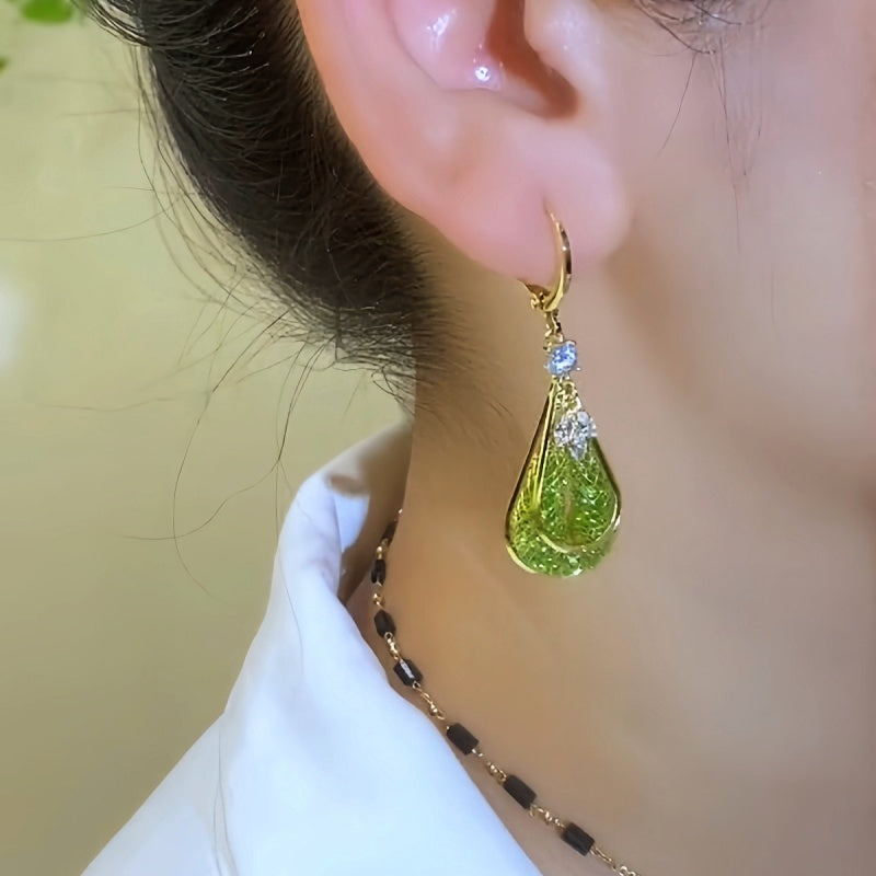 14K Gold-Plated Green Mesh Hollow Water Drop Earrings