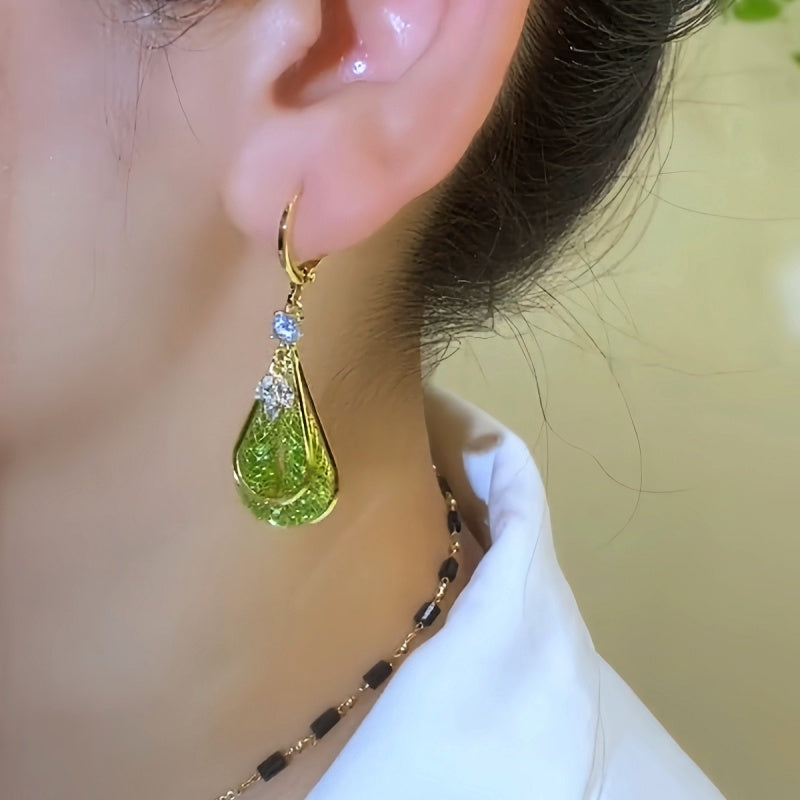 14K Gold-Plated Green Mesh Hollow Water Drop Earrings