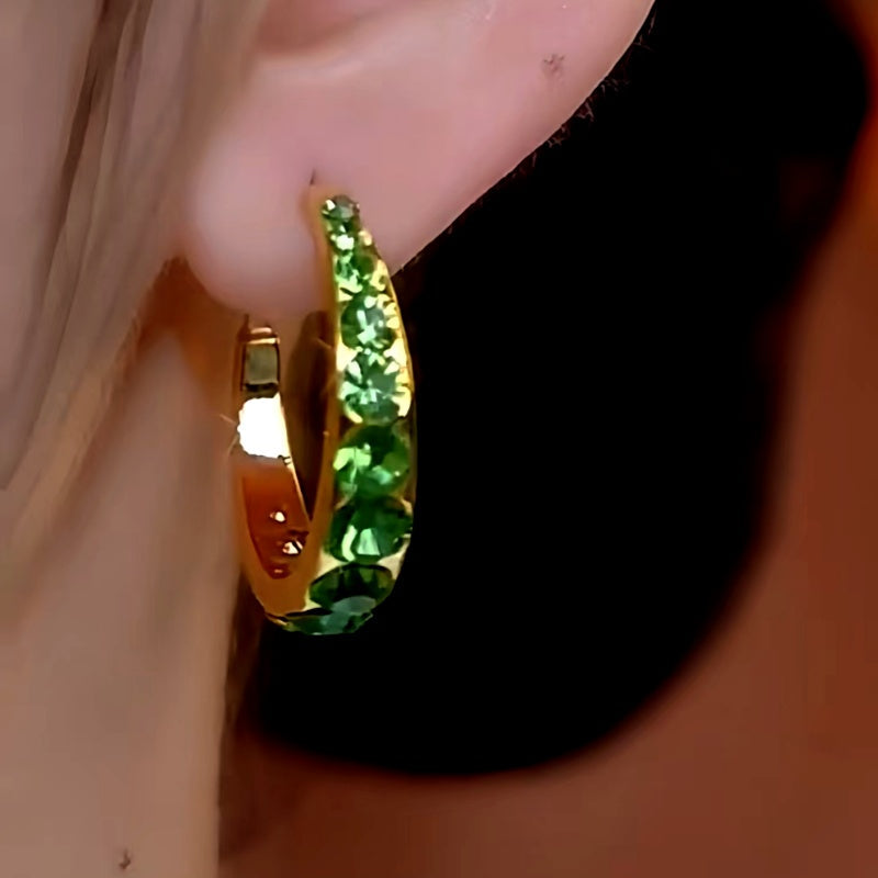 14K Gold-Plated Green Zircon Diamond Hoop Earrings