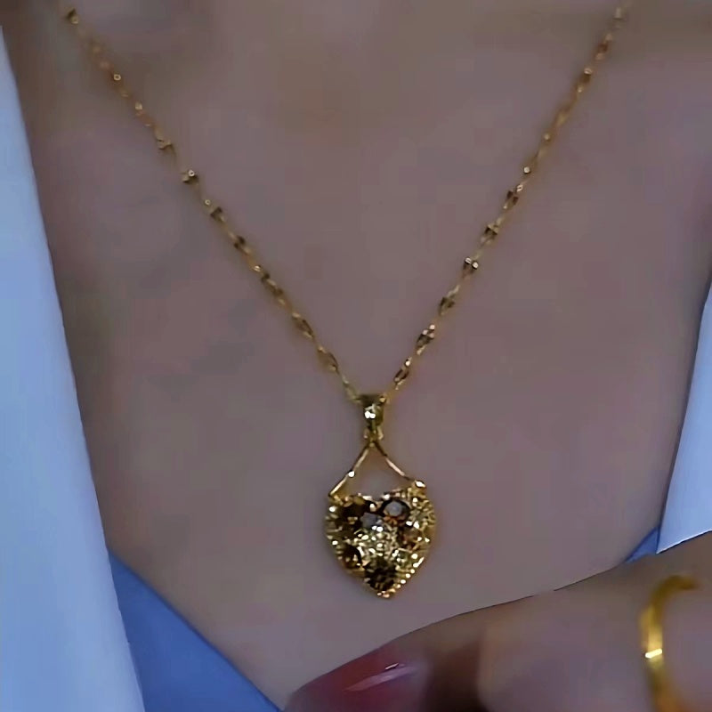 14K Gold-Plated Heart-Design Brown Zircon Heart Necklaces