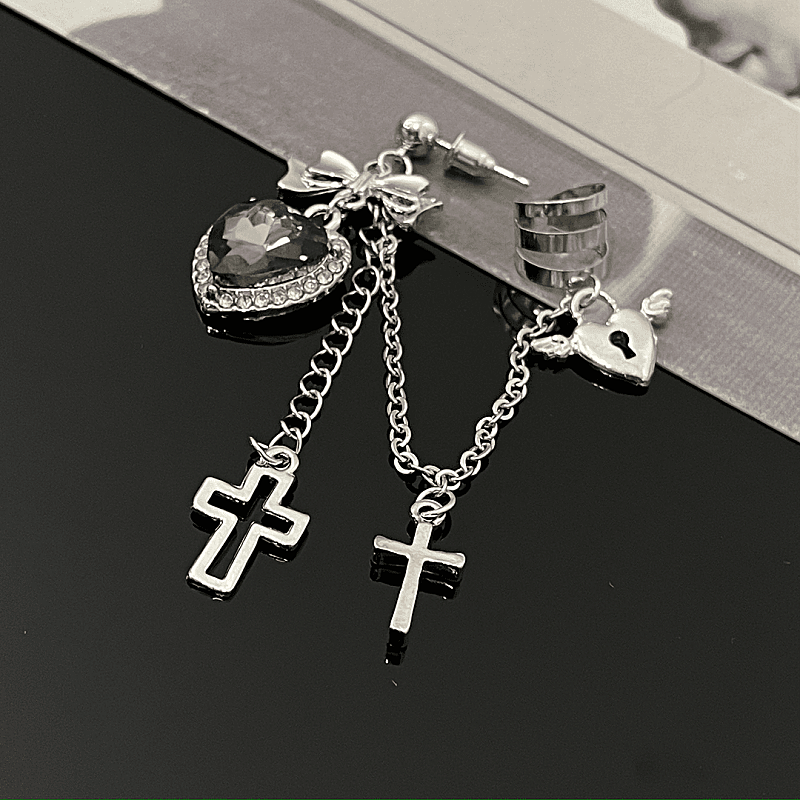 14K Gold-Plated Heart-Design Cross Ear Clip Tassel Earrings