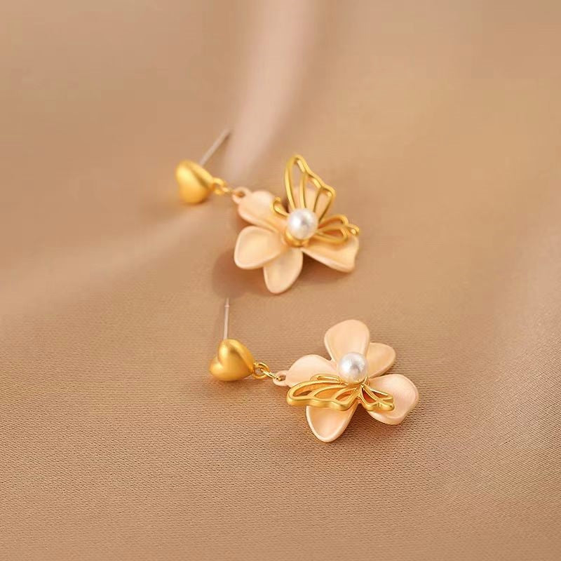 14K Gold-Plated Heart-Design Flower Earrings