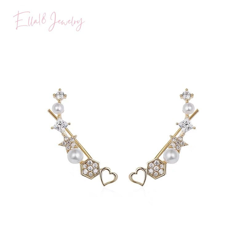 14K Gold-Plated Heart And Star Crawler Earrings