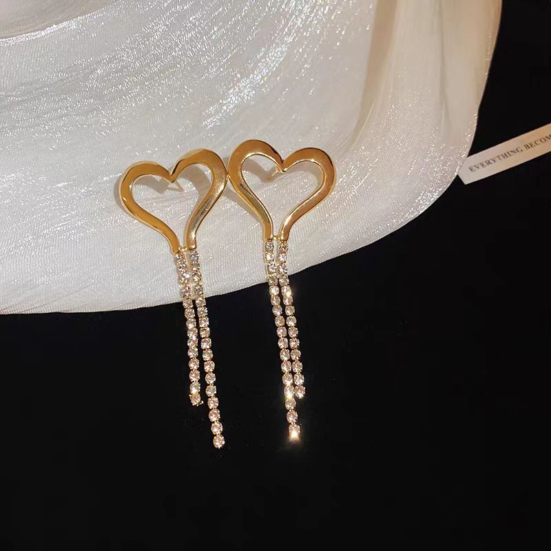 14K Gold-Plated Heart Zircon Tassel Earrings