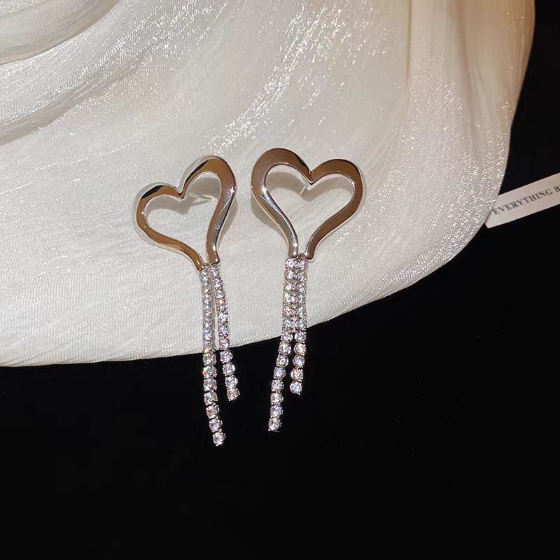 14K Gold-Plated Heart Zircon Tassel Earrings