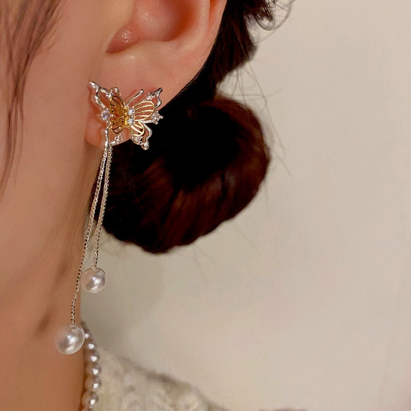 14K Gold-Plated Hollow Butterfly Pearl Tassel Earrings