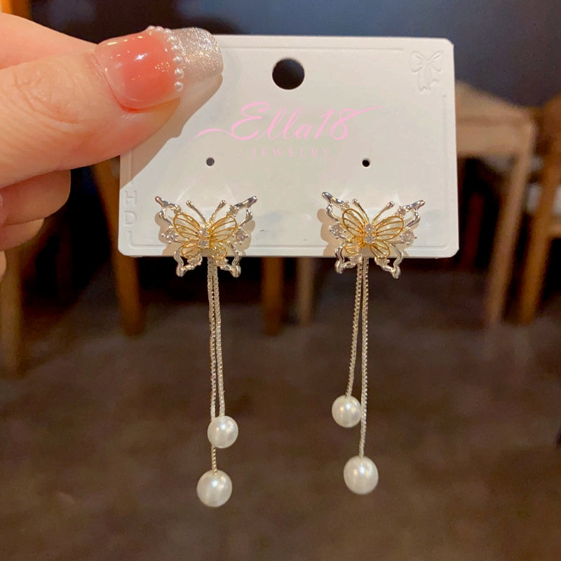 14K Gold-Plated Hollow Butterfly Pearl Tassel Earrings