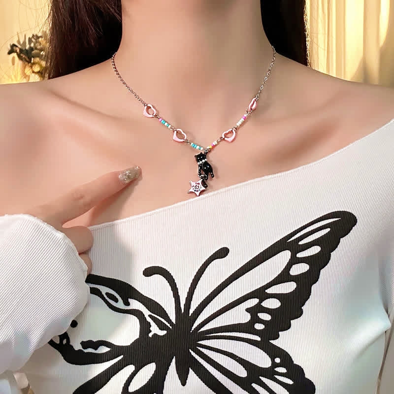 14K Gold-Plated Hollow Kitten Star And Heart Necklaces