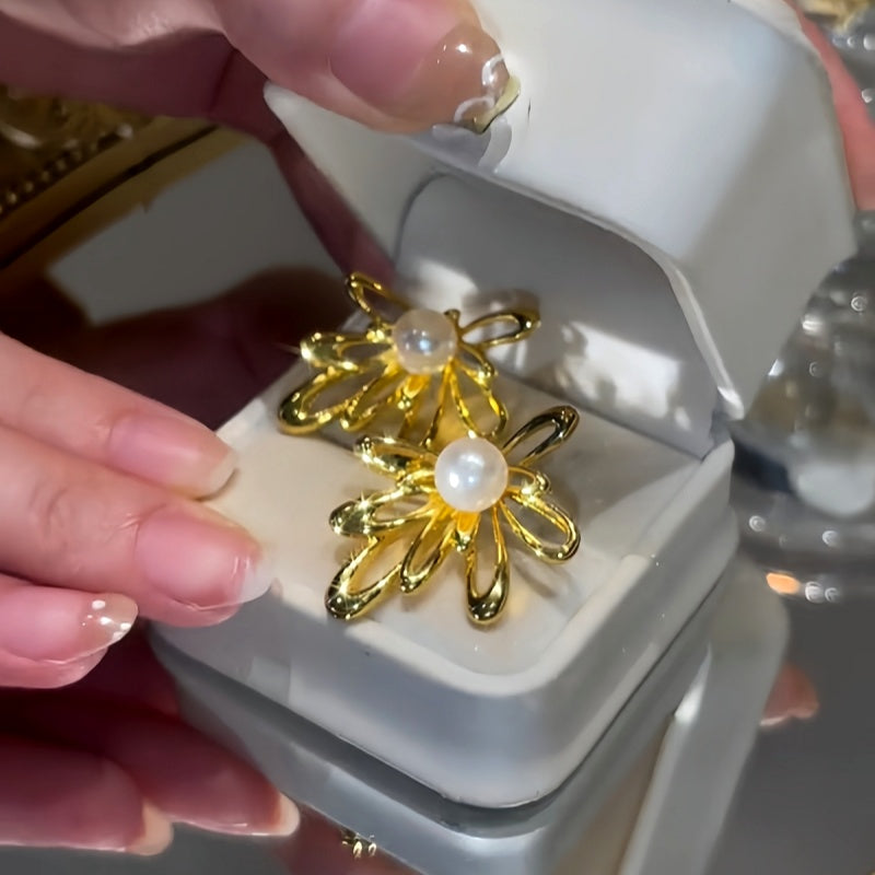 14K Gold-Plated Hollow Metal Flower Pearl Earrings