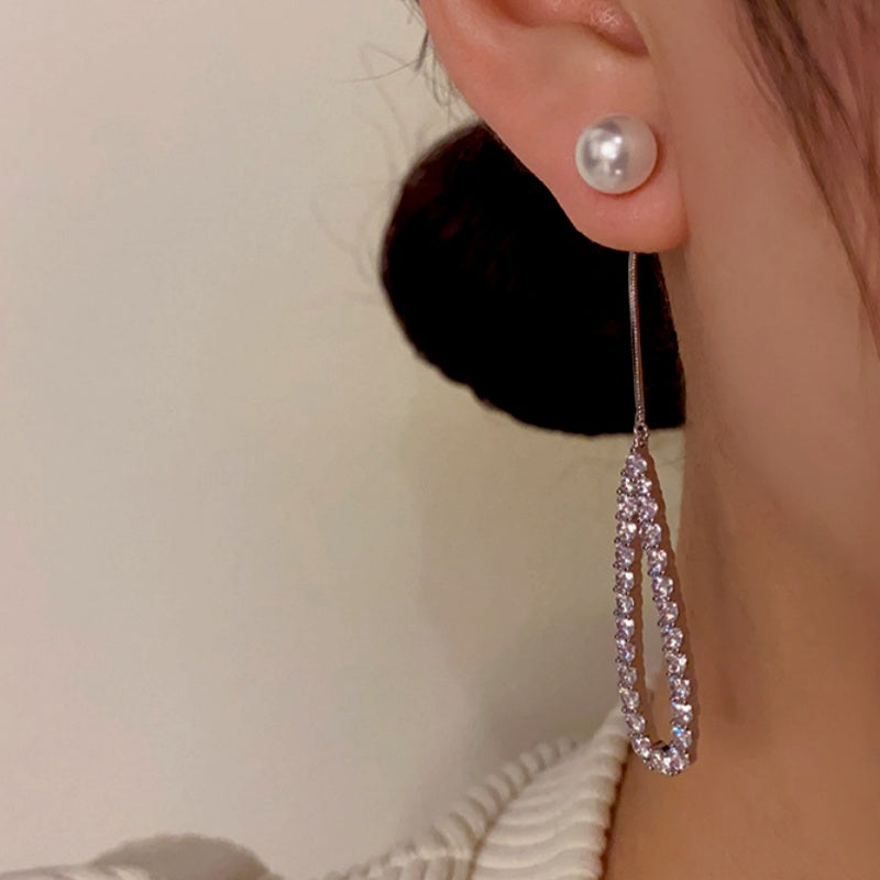 14K Gold-Plated Hollow Pearl Diamond Tassel Earrings