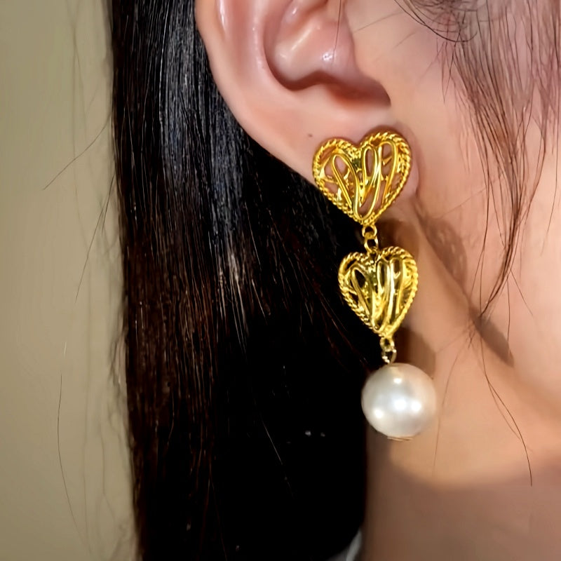 14K Gold-Plated Hollow Twisted Heart Pearl Earrings