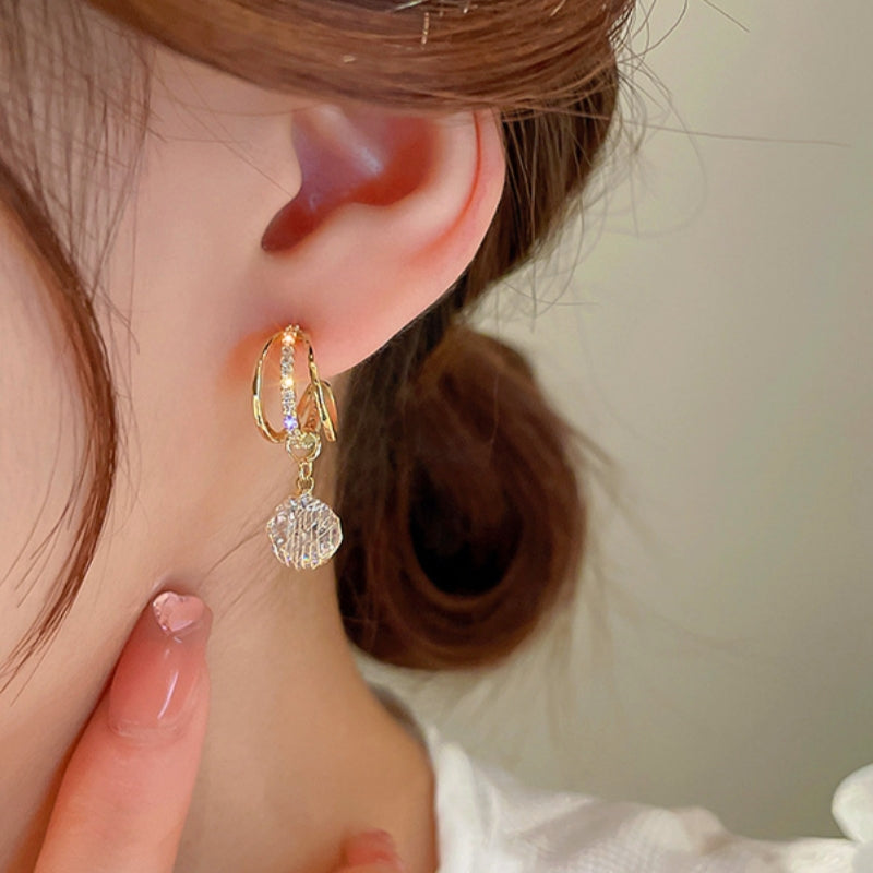 14K Gold-Plated Hollow Zircon Three-Layer Earrings
