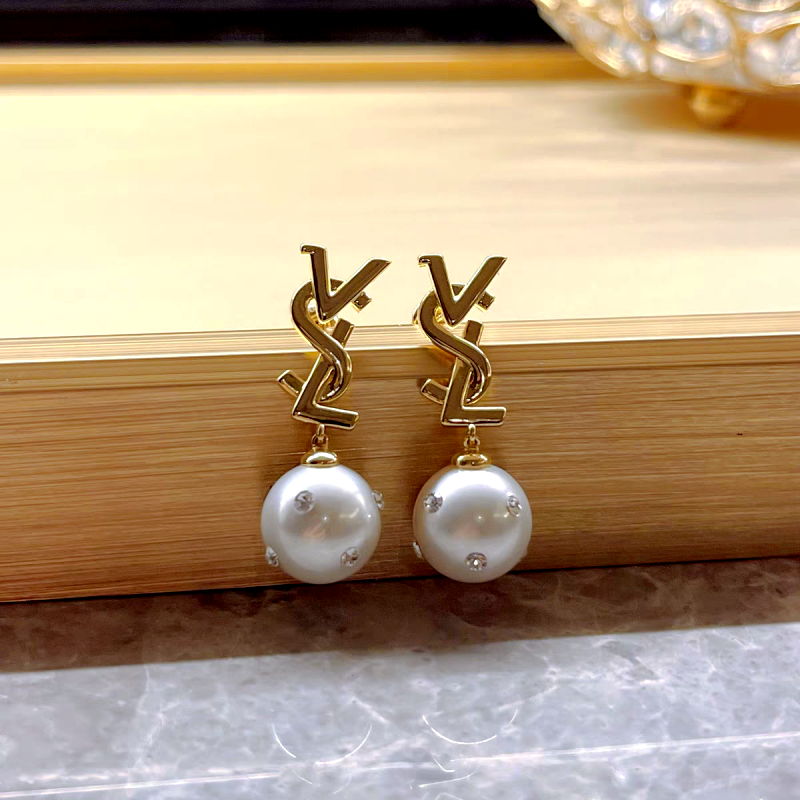 14K Gold-Plated Letter Diamond Pearl Earrings