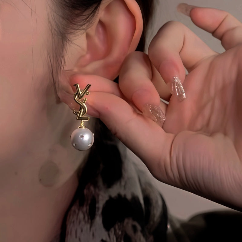 14K Gold-Plated Letter Diamond Pearl Earrings