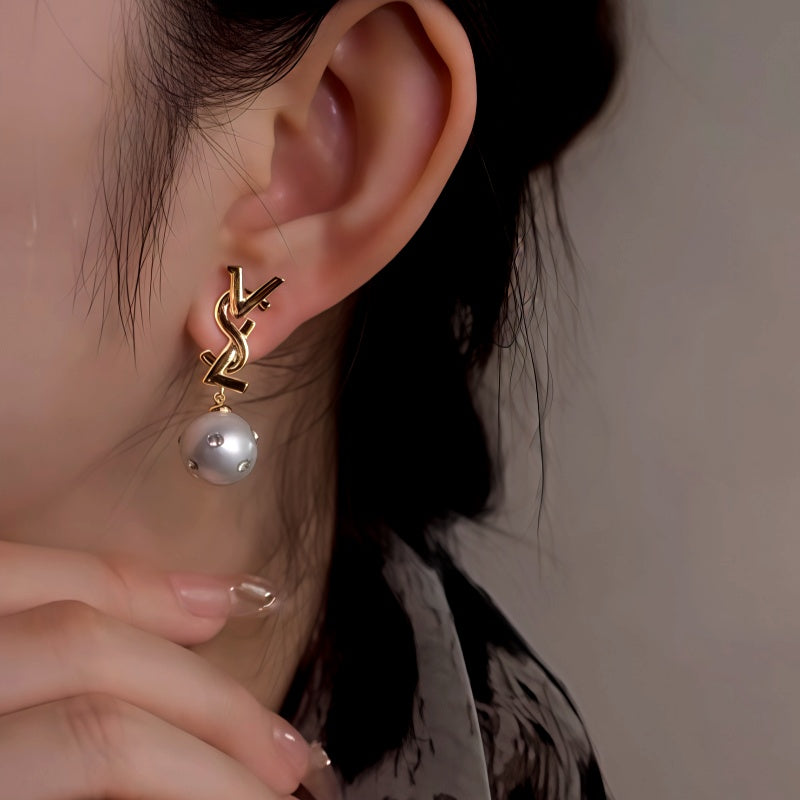 14K Gold-Plated Letter Diamond Pearl Earrings