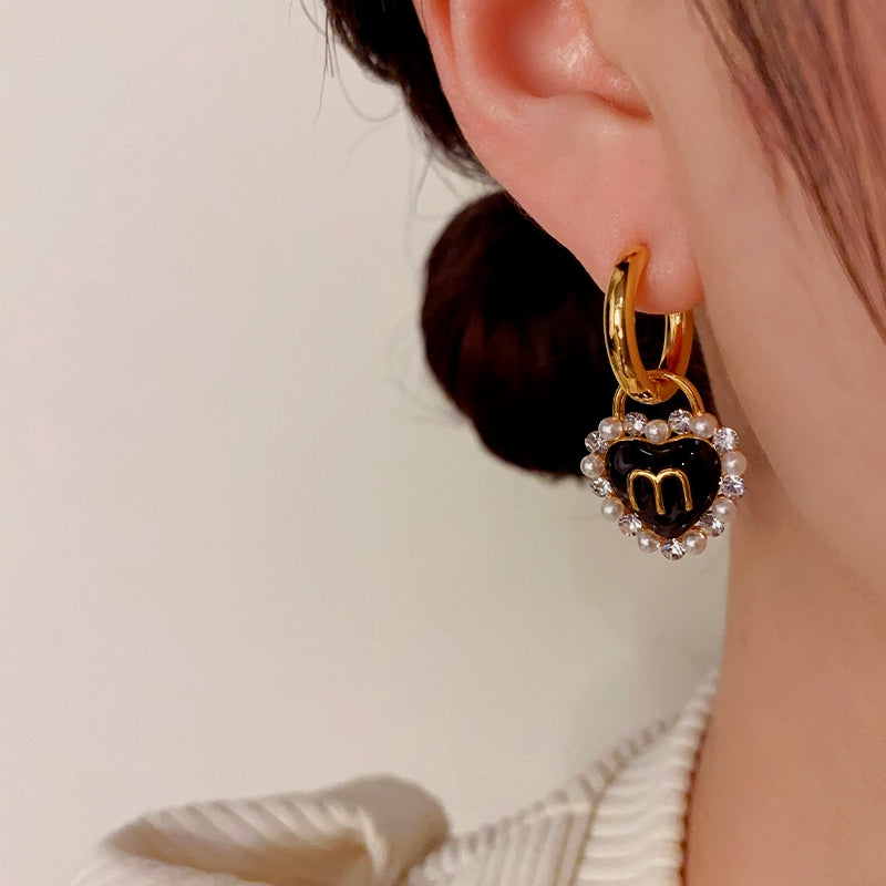 14K Gold-Plated Letter M Black Heart Earrings