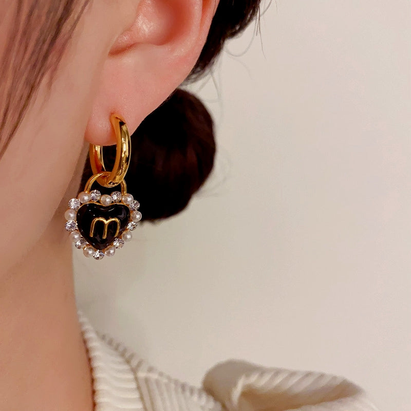 14K Gold-Plated Letter M Black Heart Earrings