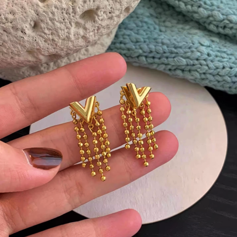 14K Gold-Plated Letter V Tassel Earrings