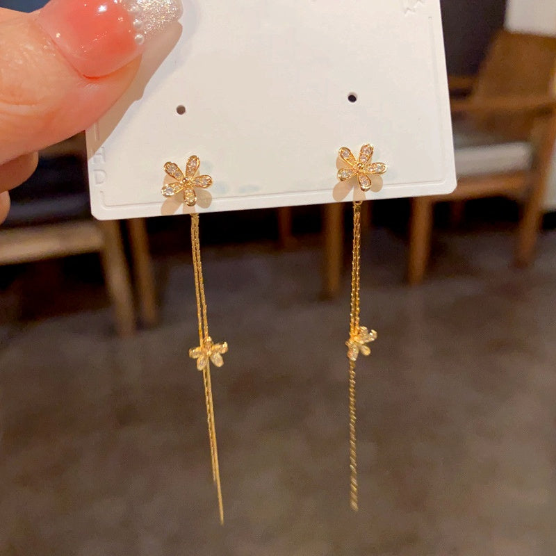 14K Gold-Plated Long Diamond Flower Tassel Earrings