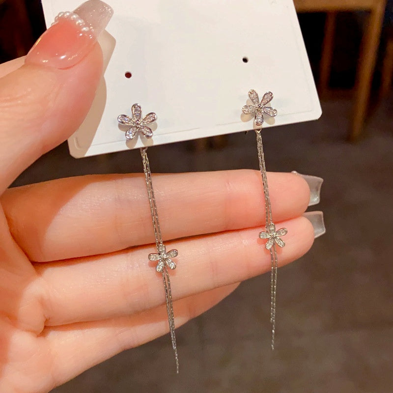 14K Gold-Plated Long Diamond Flower Tassel Earrings