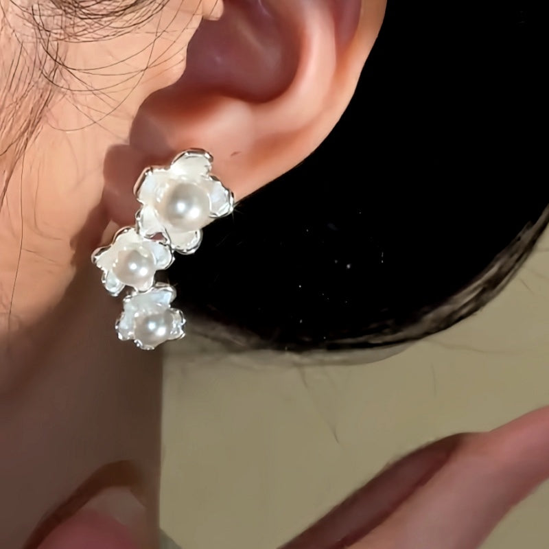 14K Gold-Plated Luxury Asymmetrical Pearl Flower Earrings