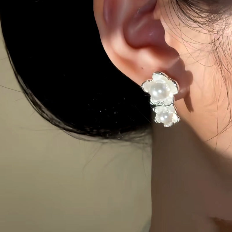 14K Gold-Plated Luxury Asymmetrical Pearl Flower Earrings