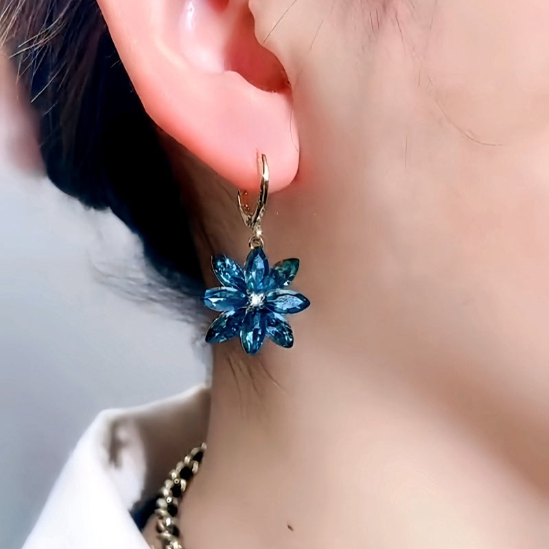 14K Gold-Plated Luxury Blue Crystal Flower Earrings
