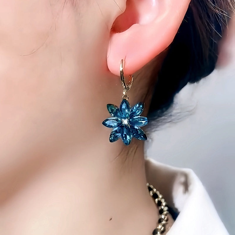 14K Gold-Plated Luxury Blue Crystal Flower Earrings