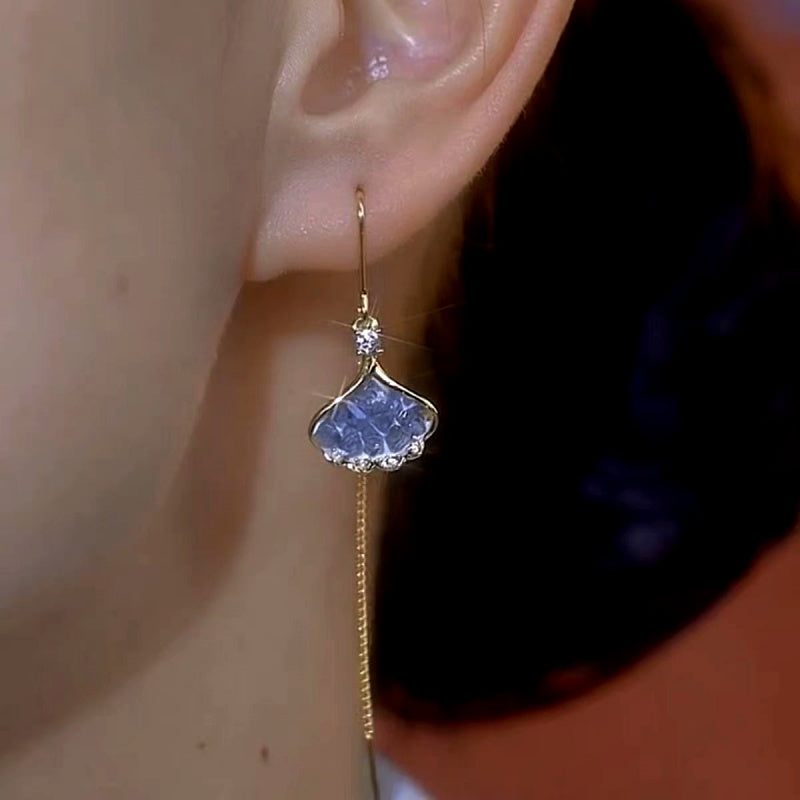 14K Gold-Plated Luxury Blue Crystal Leaf Threader Earrings