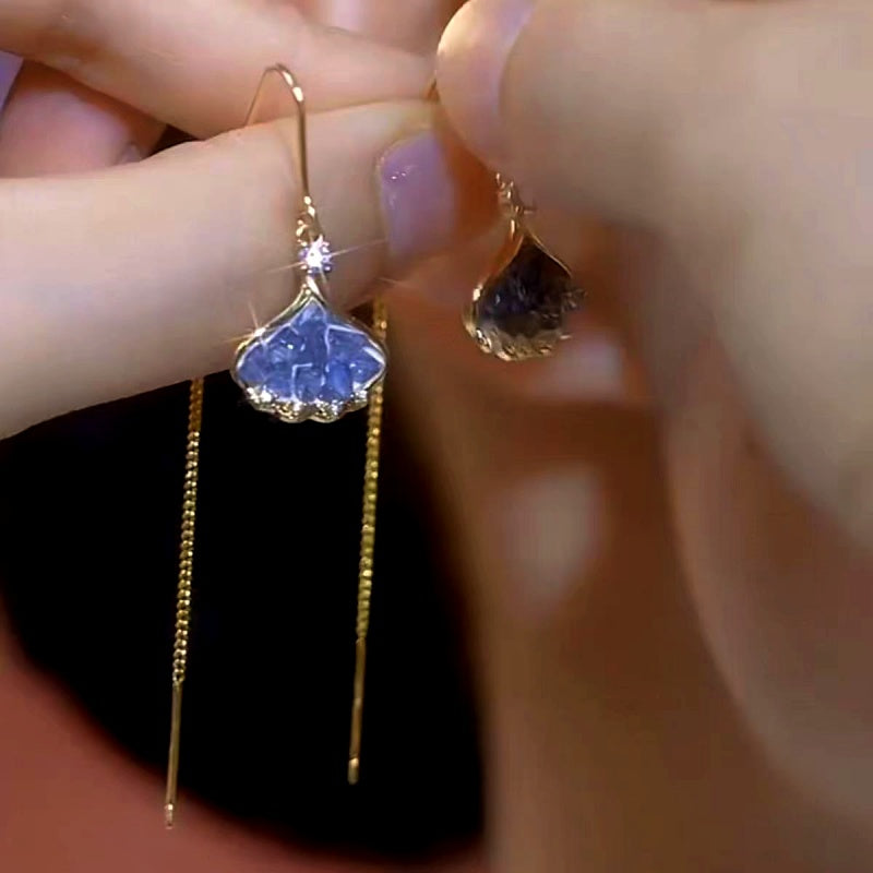 14K Gold-Plated Luxury Blue Crystal Leaf Threader Earrings