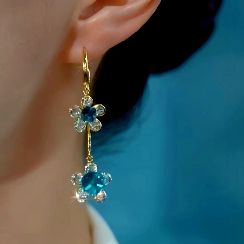 14K Gold-Plated Luxury Blue Zircon Flower Earrings