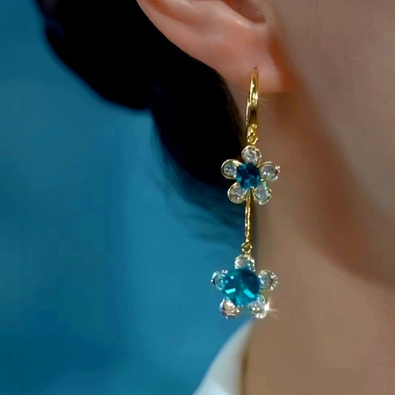 14K Gold-Plated Luxury Blue Zircon Flower Earrings