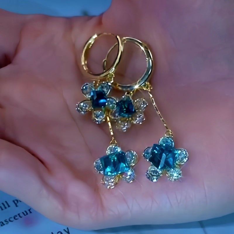 14K Gold-Plated Luxury Blue Zircon Flower Earrings