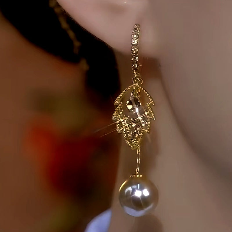 14K Gold-Plated Luxury Brow Diamond Leaf Pearl Tassel Earrings