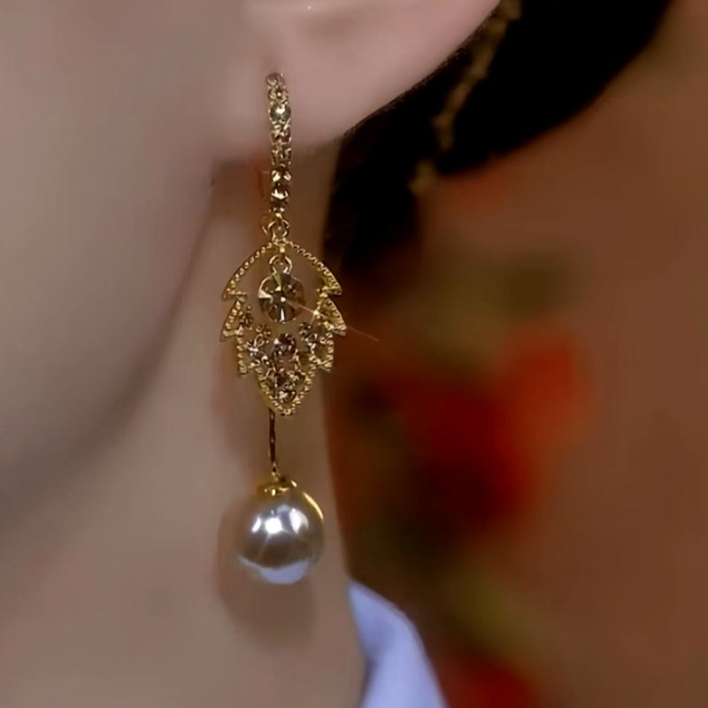 14K Gold-Plated Luxury Brow Diamond Leaf Pearl Tassel Earrings