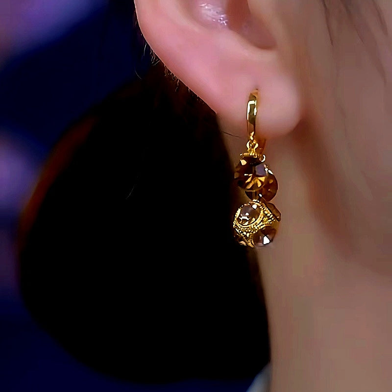 14K Gold-Plated Luxury Brown Diamond Ball Tassel Earrings