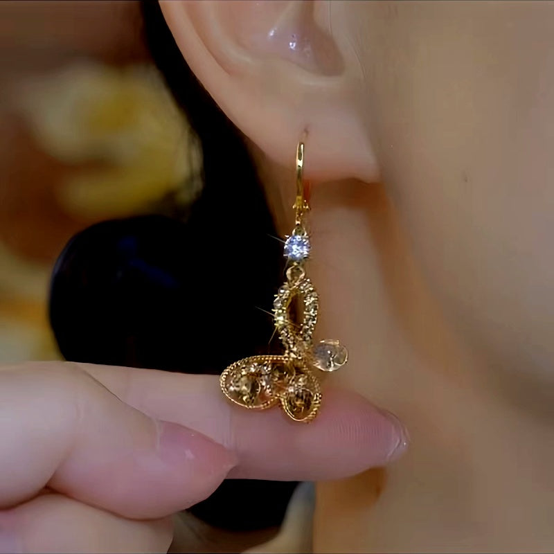 14K Gold-Plated Luxury Brown Diamond Butterfly Earrings