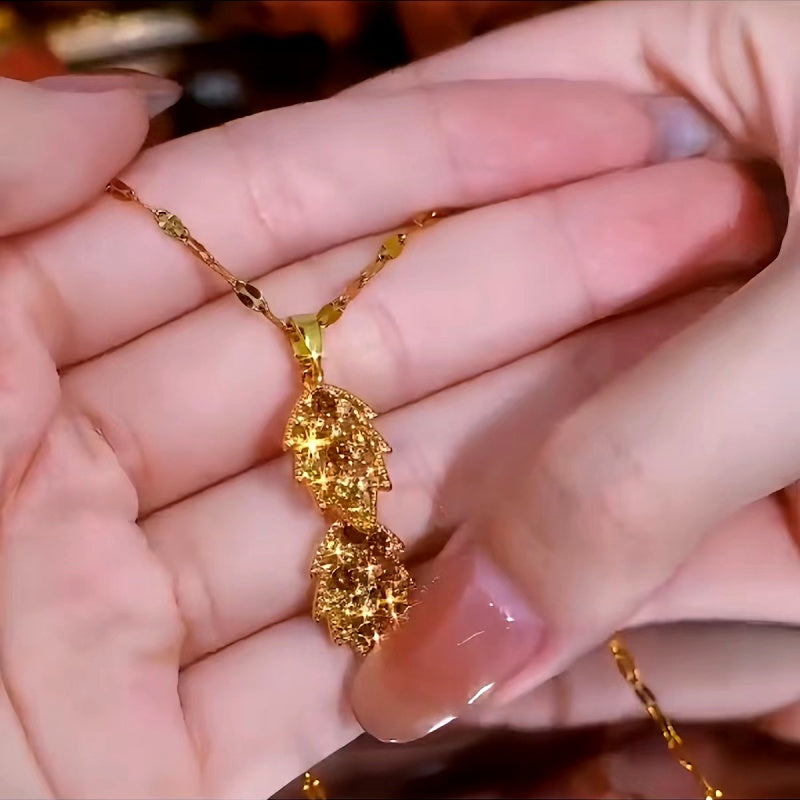 14K Gold-Plated Luxury Brown Diamond Leaf Pendant Necklaces