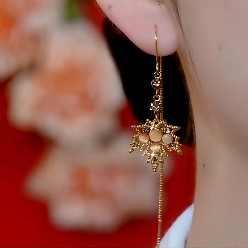14K Gold-Plated Luxury Brown Diamond Maple Leaf Tassel Threader Earrings